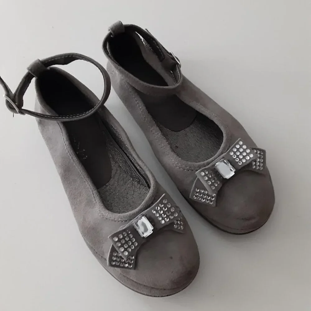 Wolly soft grey suede ballet style shoes with ankle strap - made in Italy